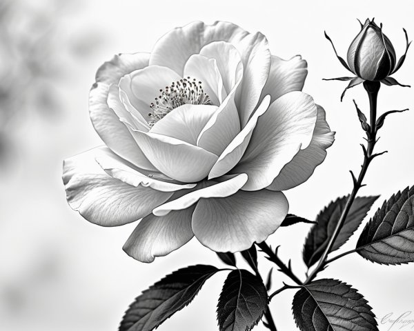 Monochromatic Illustration of Blossoming Rose and Bud