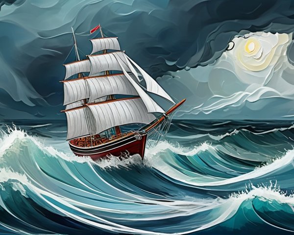 Three-Masted Ship in Turbulent Ocean Scene