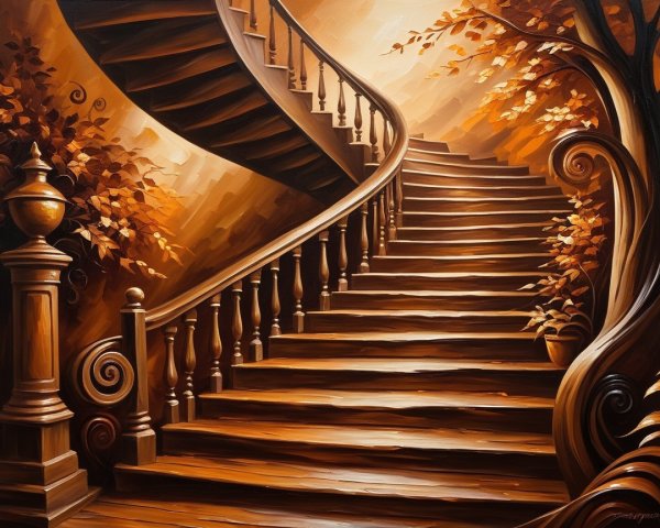 Grand Wooden Staircase in Warm Autumn Light