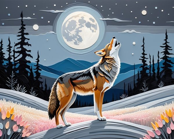 Vibrant Coyote Howling at Full Moon in Night Sky