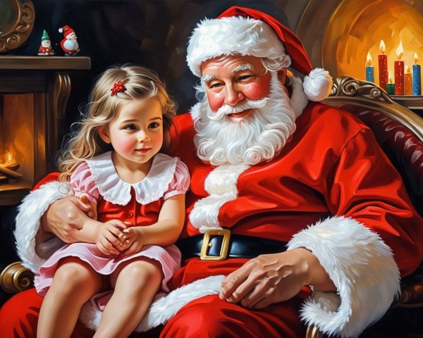 Santa Claus with a young girl by a fireplace setting