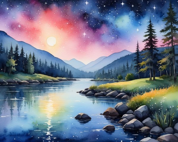 Tranquil River in Lush Valley at Sunset