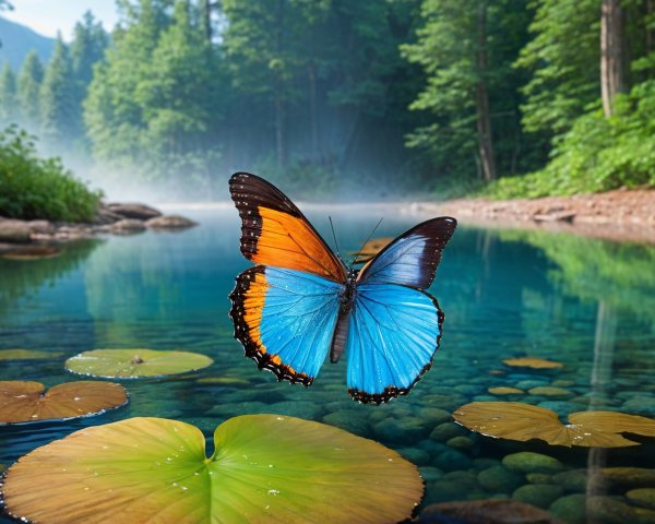 Vibrant Butterfly Above Serene Water with Lily Pads