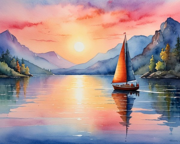 Vibrant Watercolor of Sunset Over Tranquil Lake