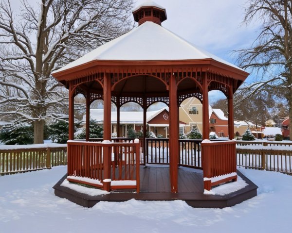 Red Gazebo in Snowy Landscape Surrounded by Trees