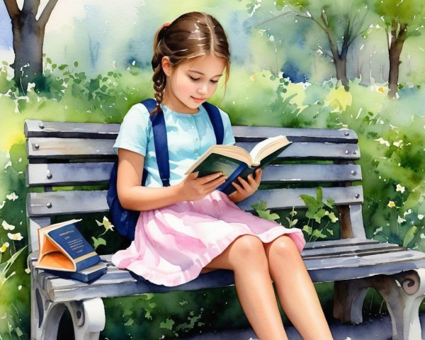 Young girl reading on a park bench in nature