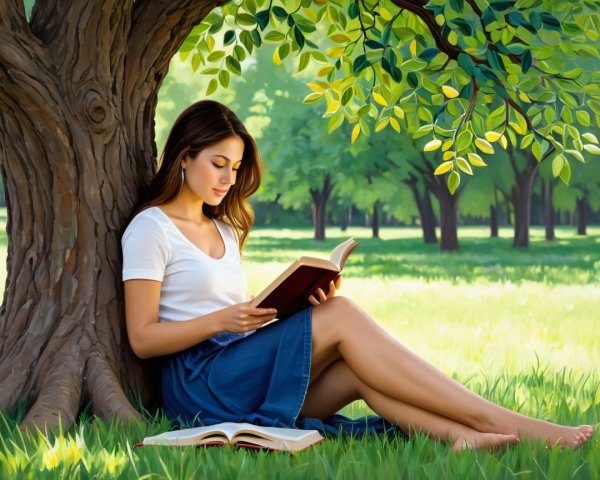 Young woman reading under a tree in a park