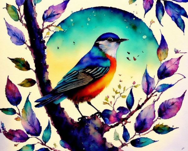 Vibrant Watercolor Painting of Colorful Bird and Nature