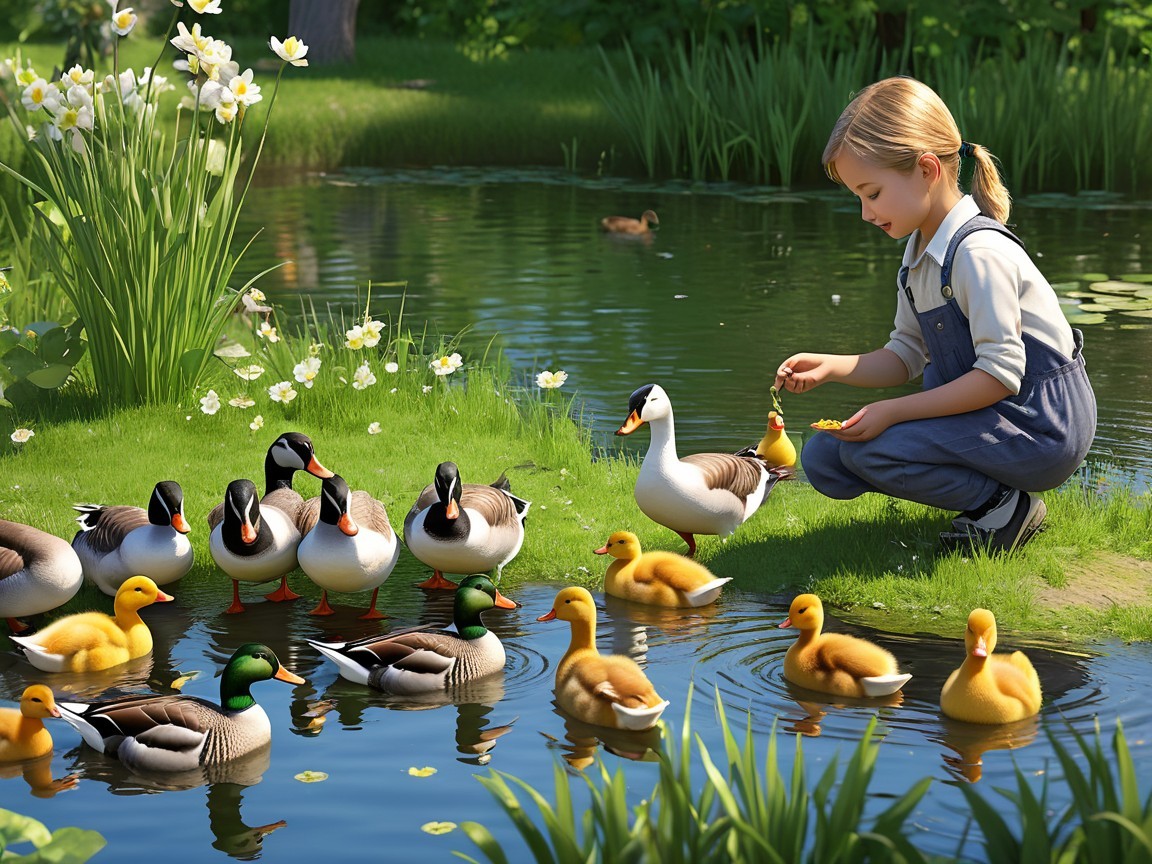 Young girl feeding ducks by a serene pond scene