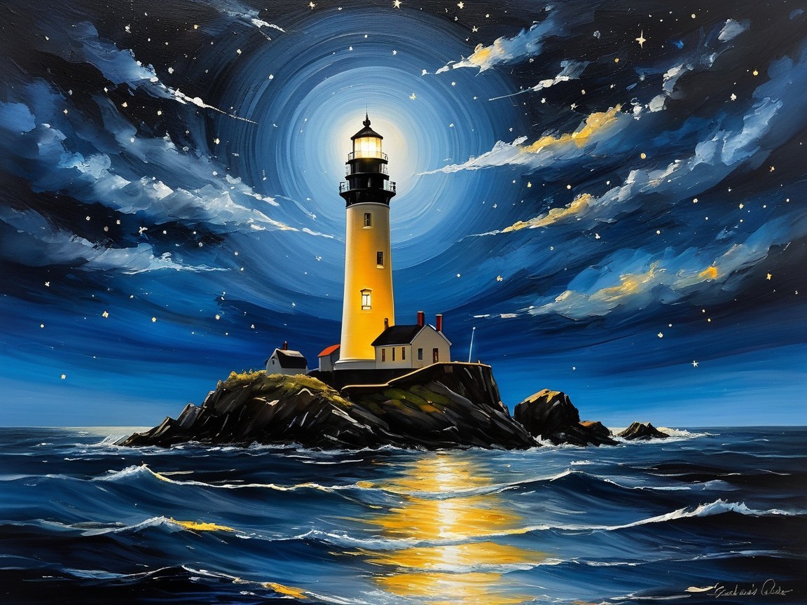 Majestic lighthouse on rocky island under moonlight