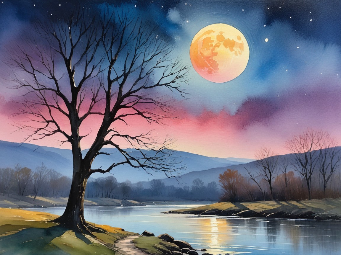 Serene Landscape with Tree and River at Twilight
