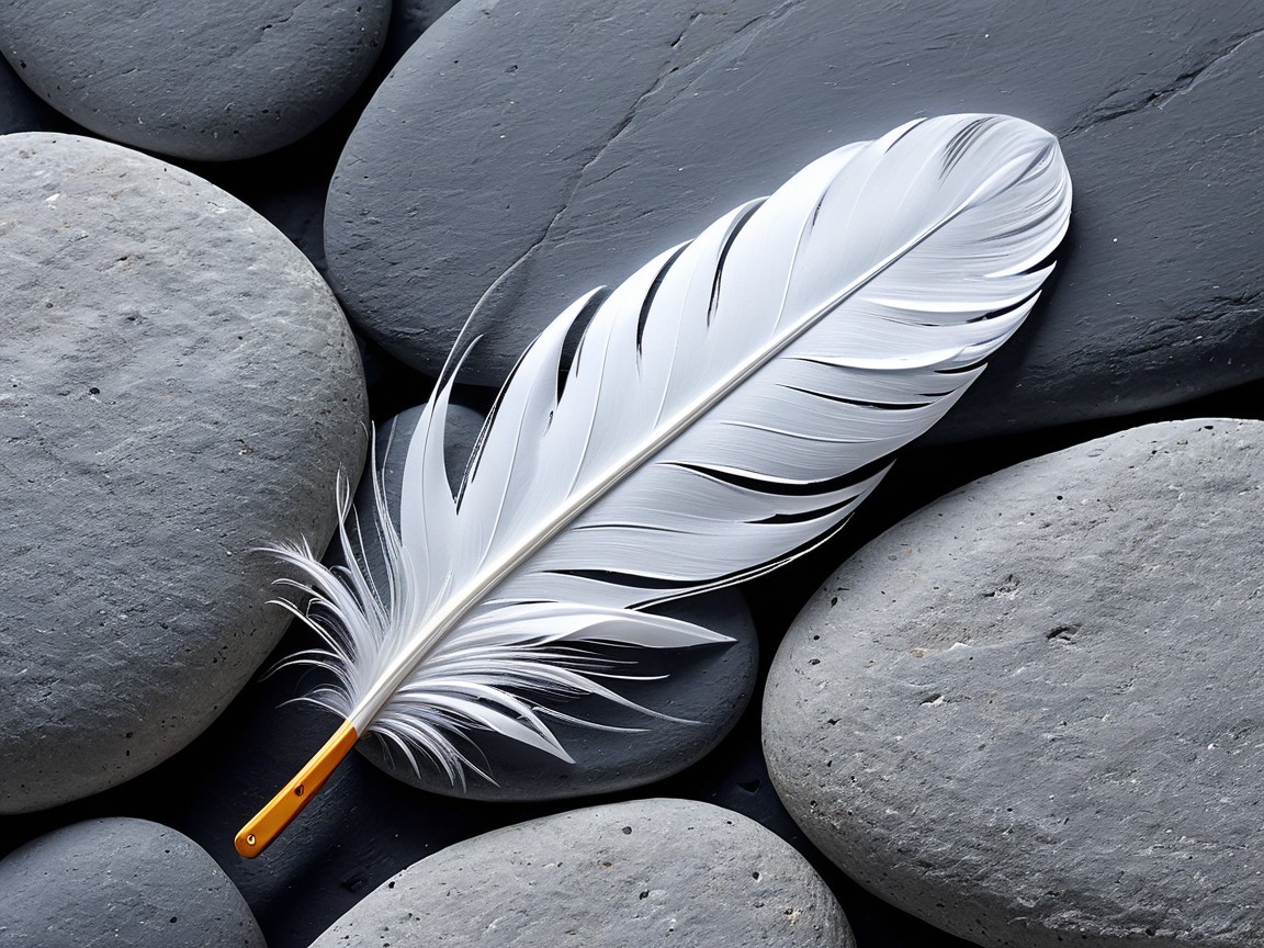 White Feather on Dark Gray Stones Composition