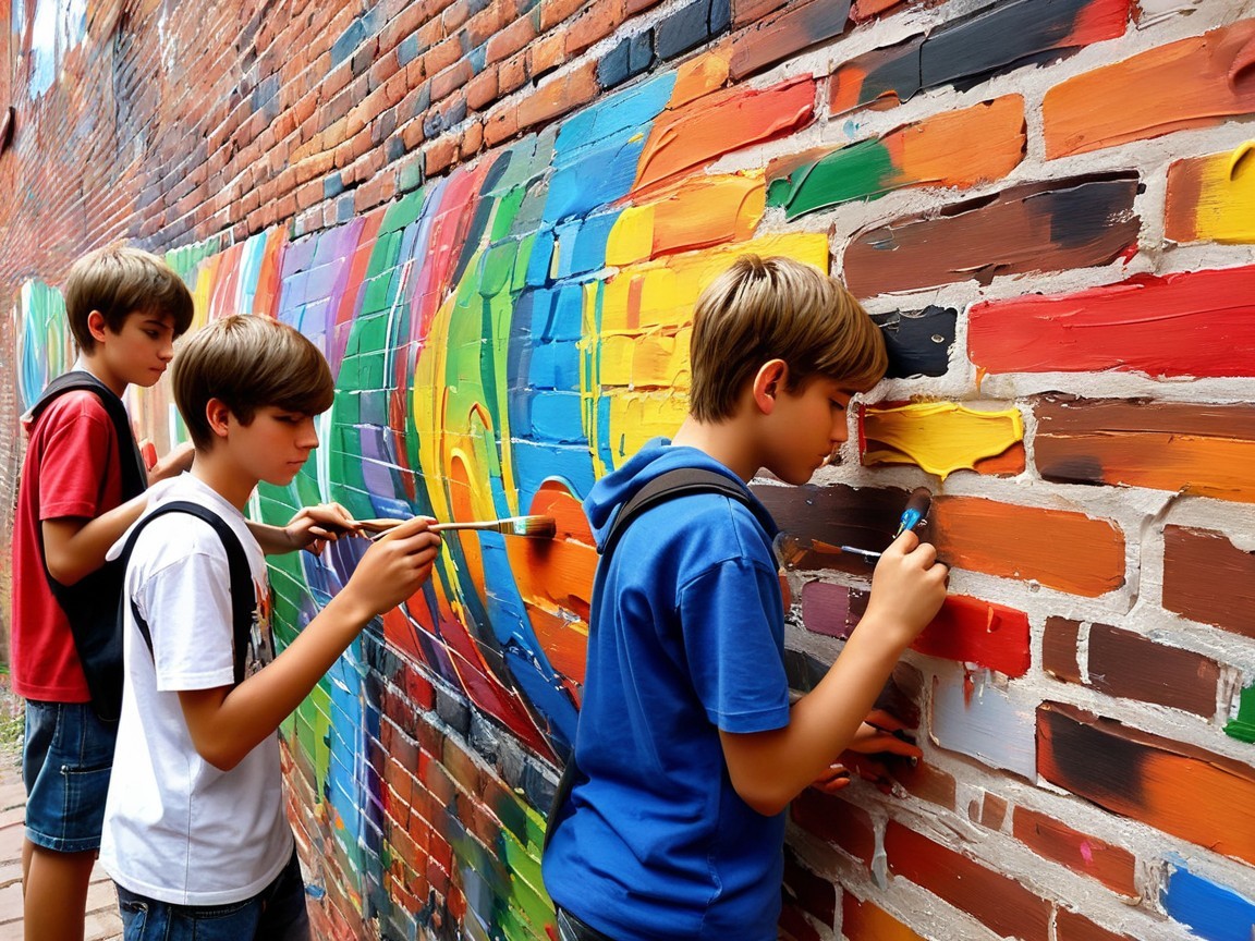 Boys Painting a Colorful Mural on a Brick Wall