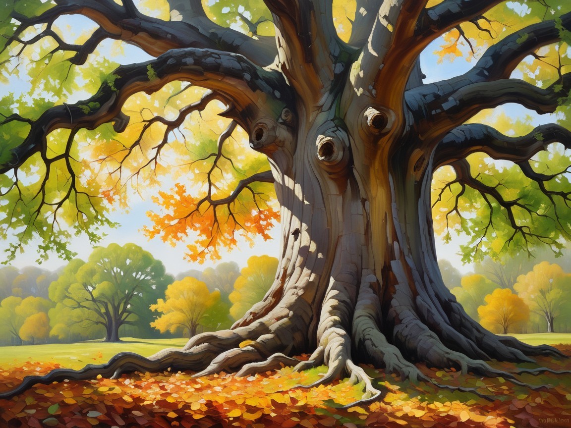 Majestic tree with autumn leaves in serene landscape