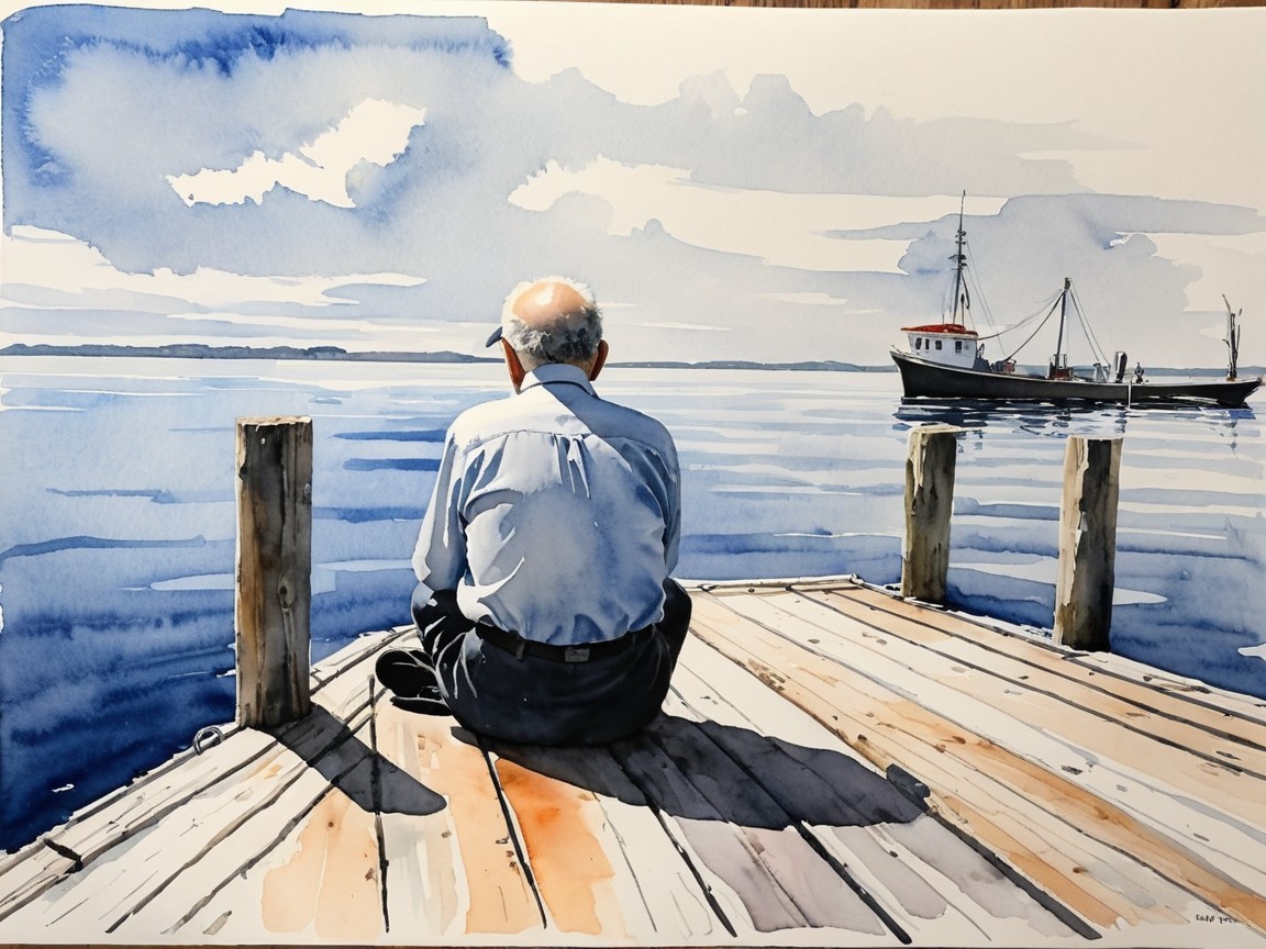 Elderly Man on Dock Overlooking Serene Water Scene
