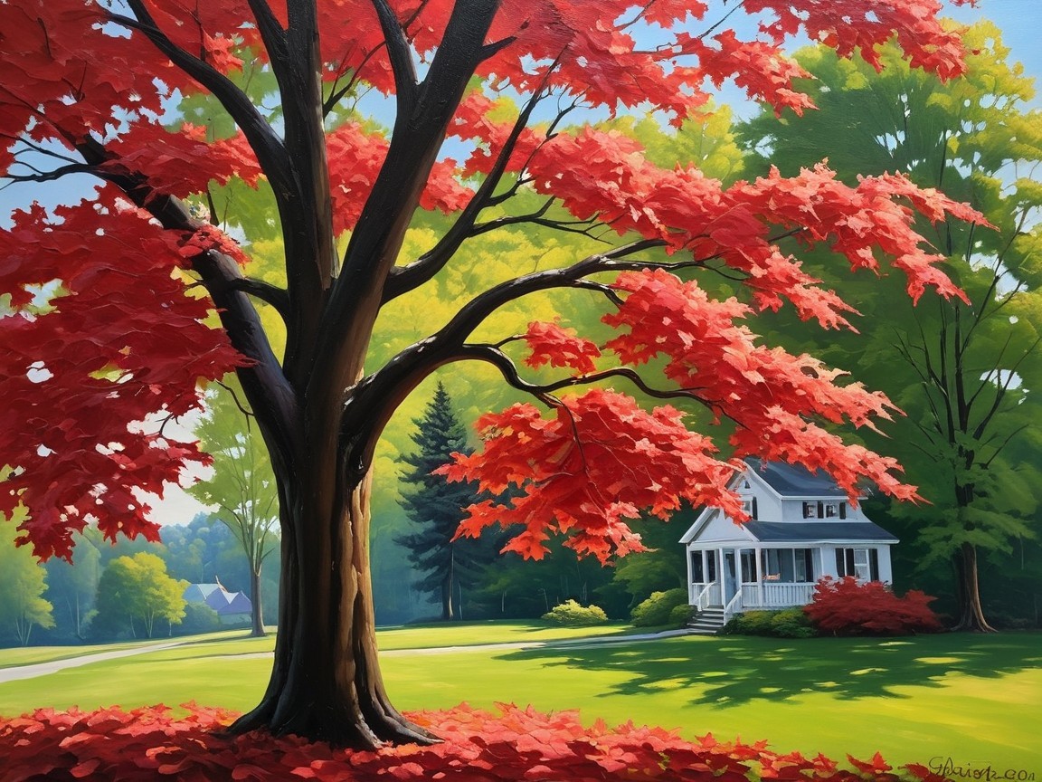 Serene autumn landscape with red-leaved tree and house