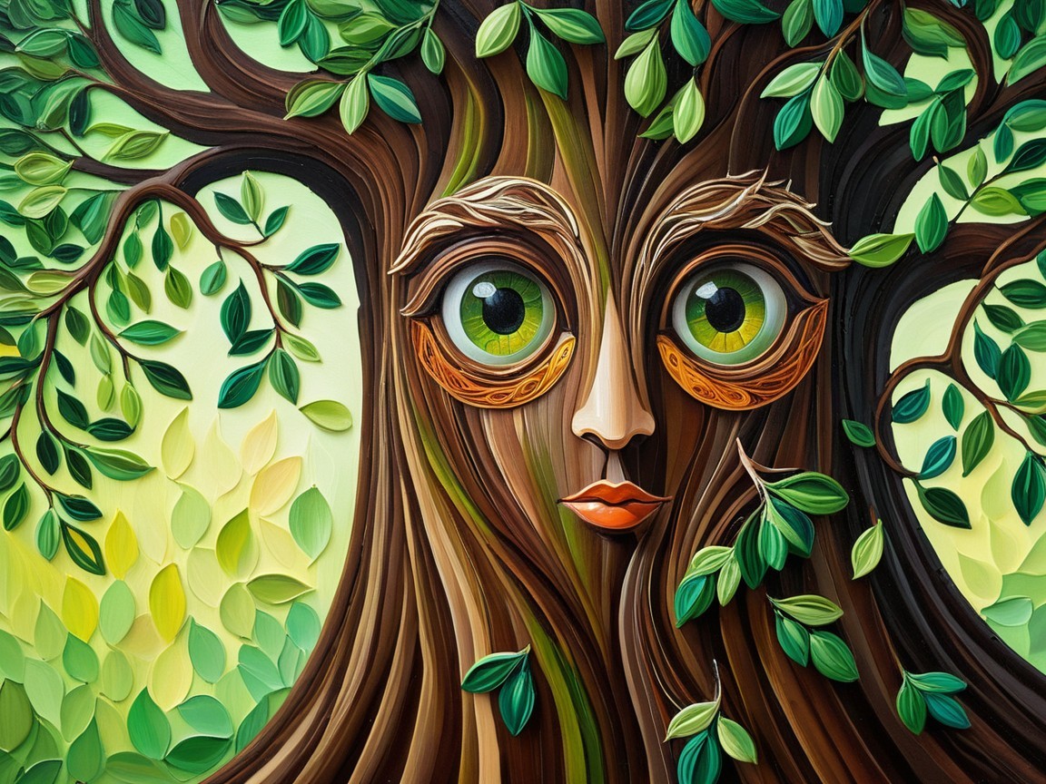 Whimsical Tree with Face and Vibrant Leaves