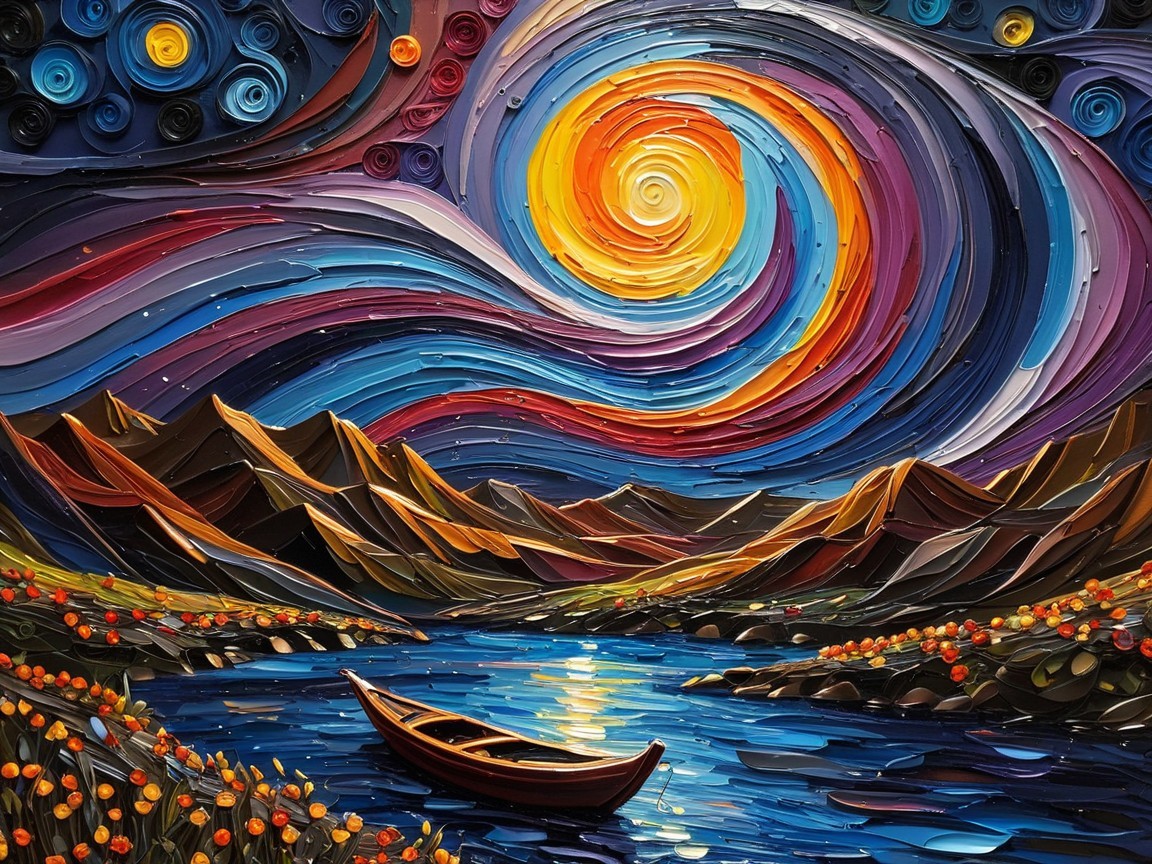 Vibrant Landscape with Swirling Skies and Mountains