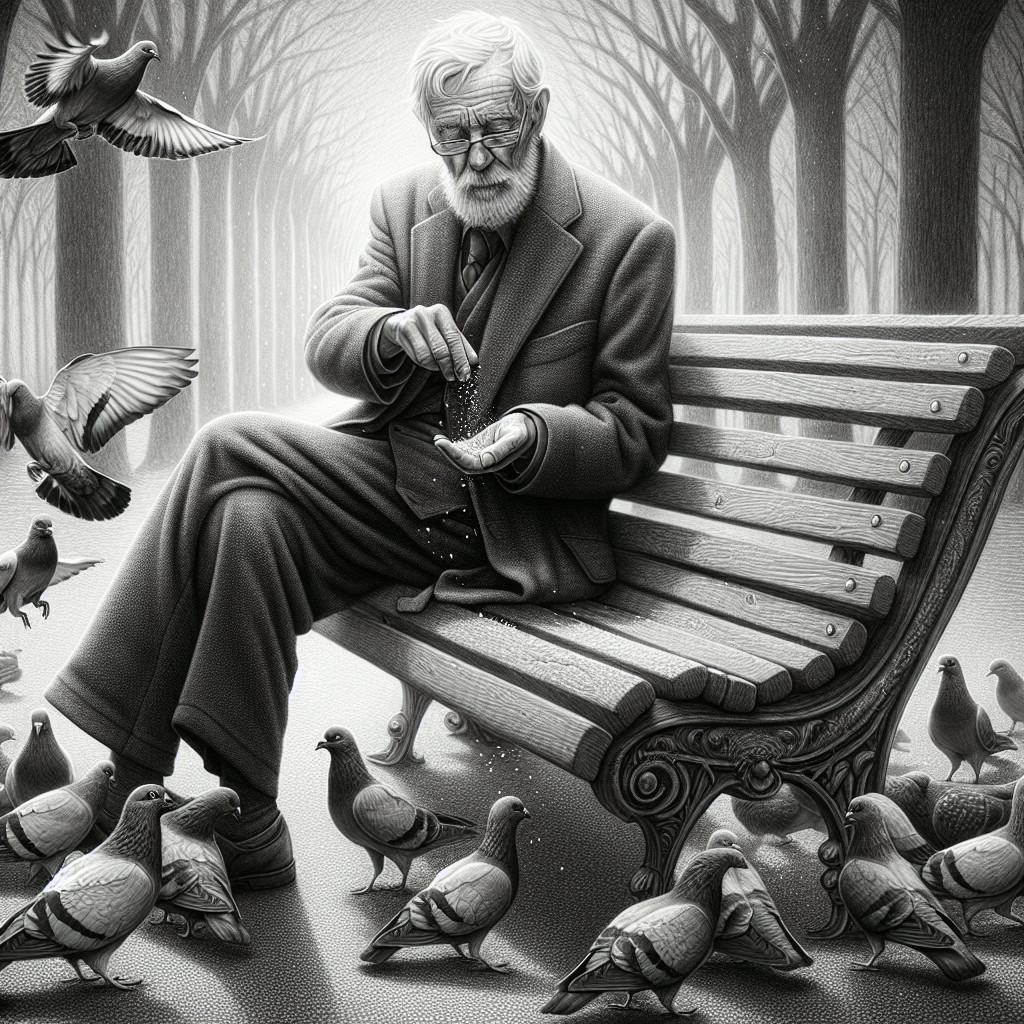 Elderly Man Feeding Pigeons in Misty Park Scene