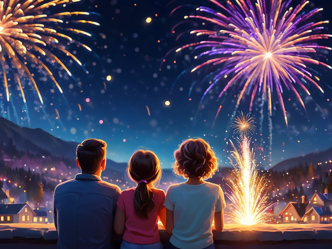 Friends Enjoying Fireworks Under a Starry Night Sky