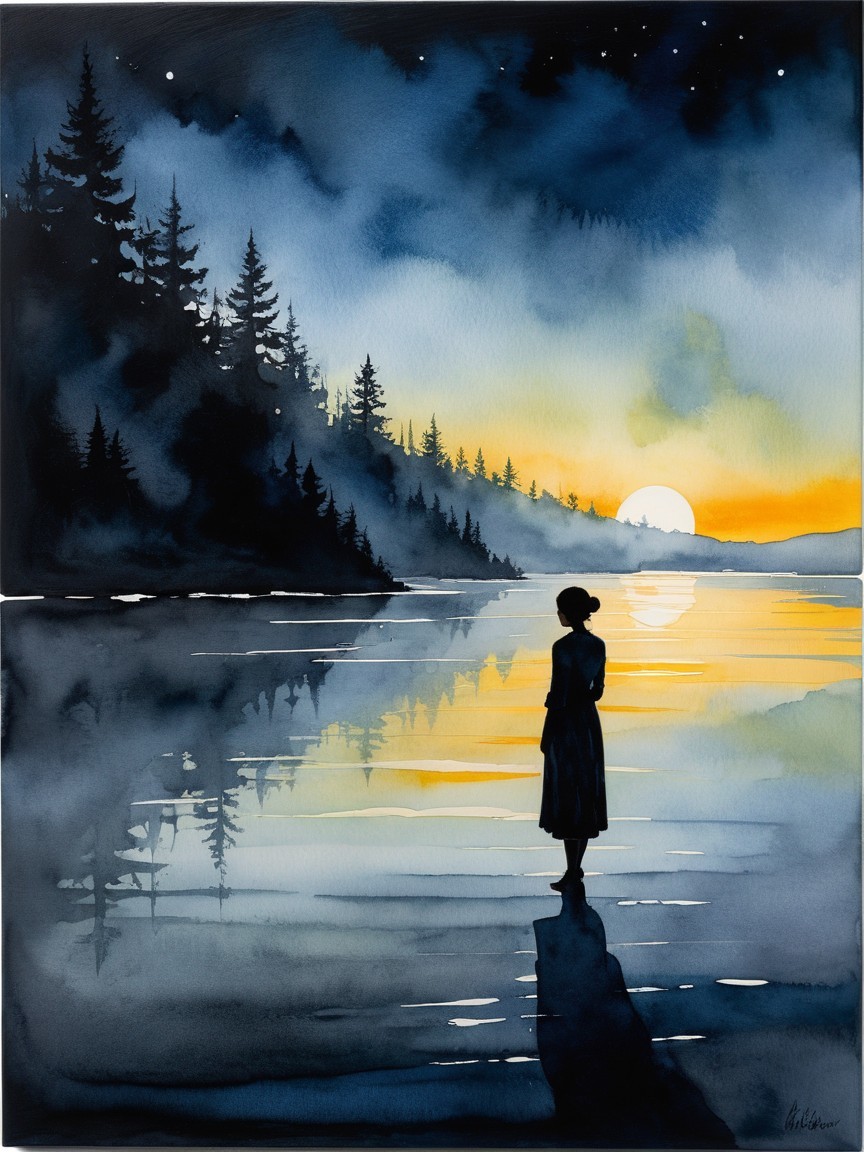Watercolor Scene of Woman by Tranquil Lake at Sunset