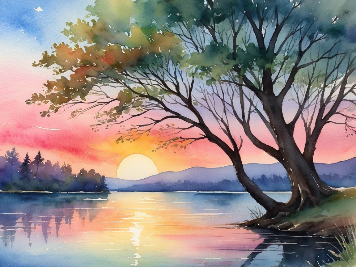 Watercolor Landscape of a Sunset Over a Tranquil Lake