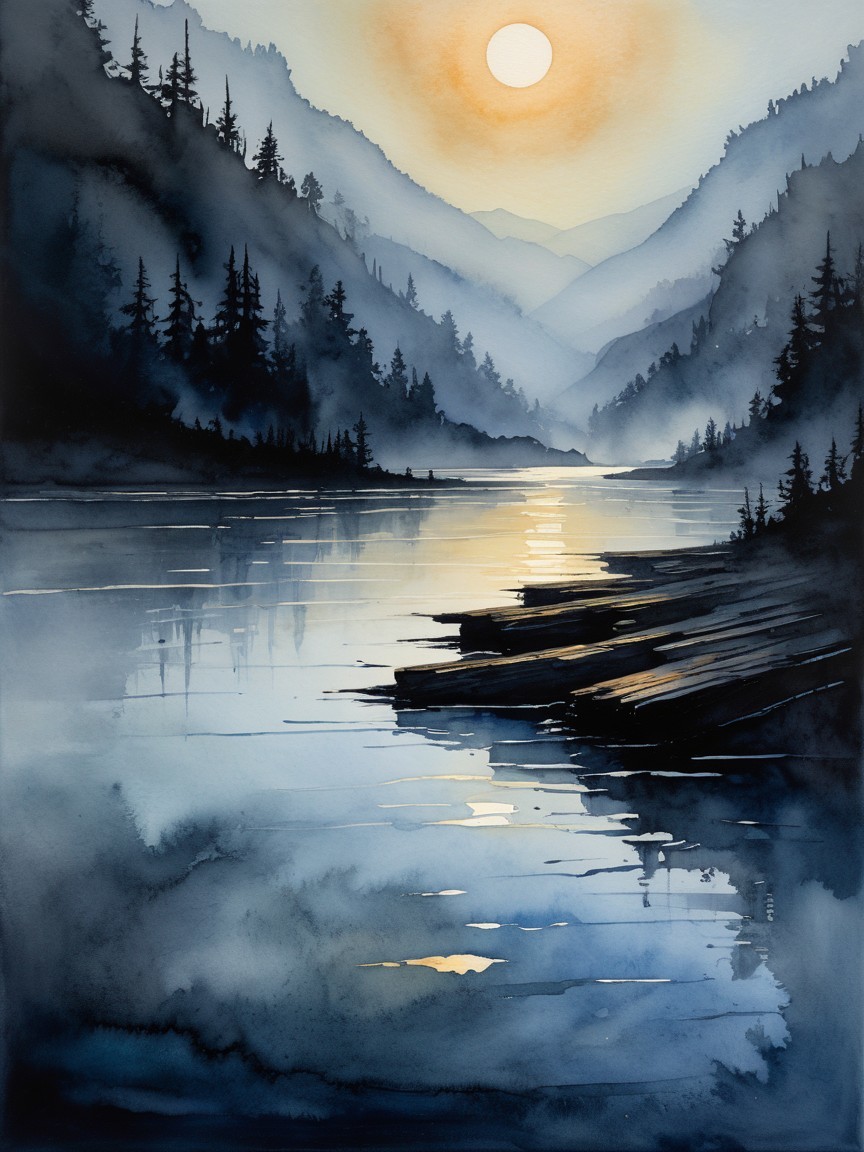 Serene River Landscape with Misty Mountains and Pines