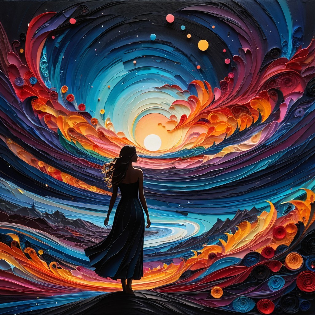 Vibrant Landscape with Woman Gazing at Sunset