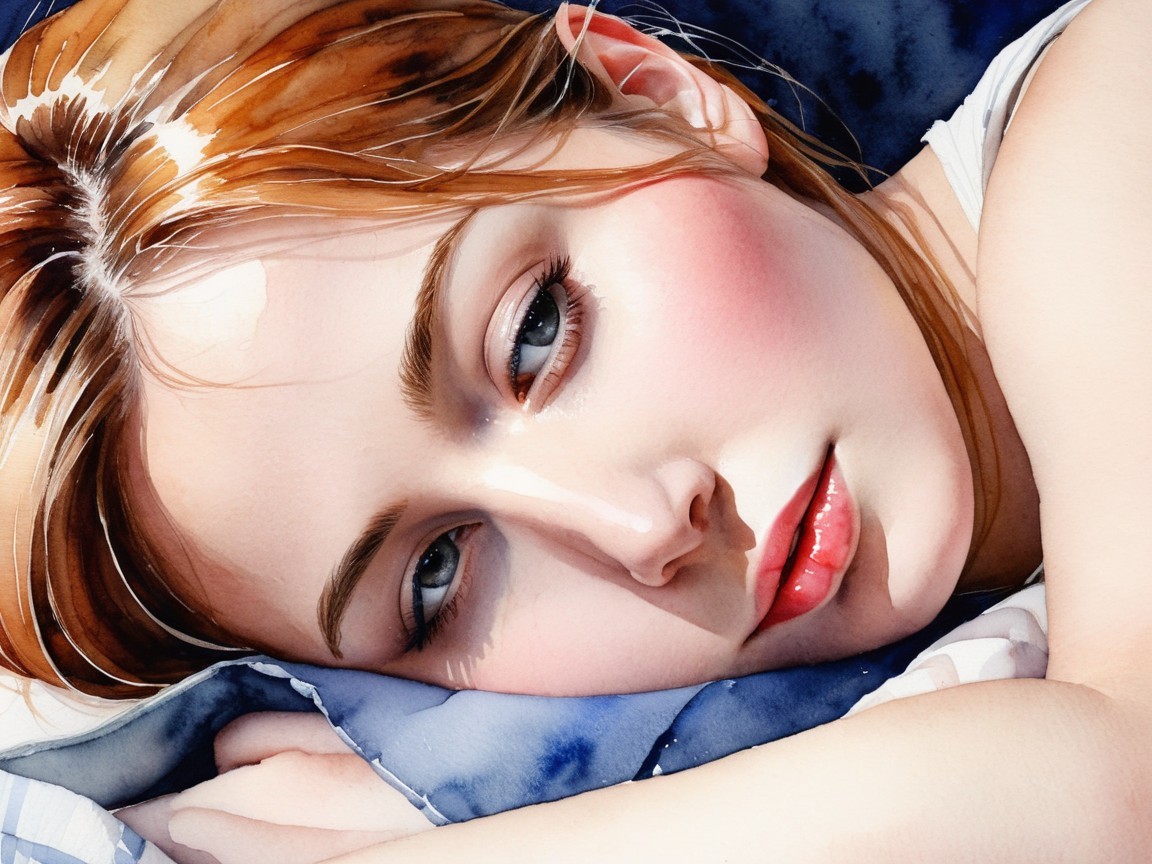 Close-Up Portrait of a Young Woman on Blue Pillow