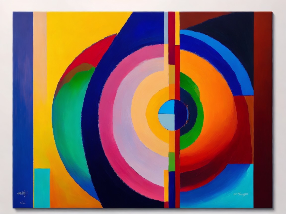 Abstract Geometric Painting with Vibrant Circles and Arcs