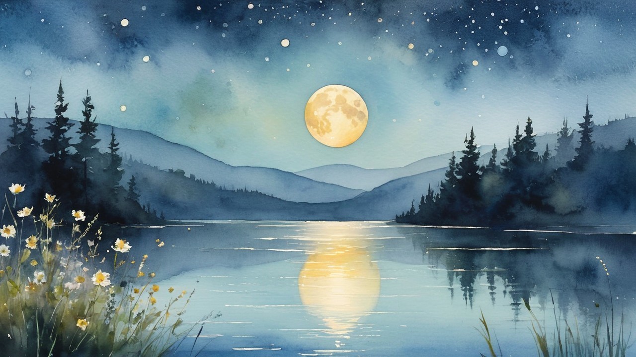 Watercolor Landscape with Full Moon and Tranquil Lake