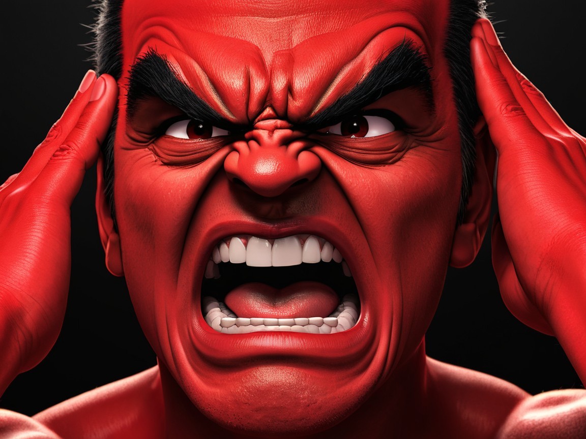 Close-up of an angry red-skinned character's expression