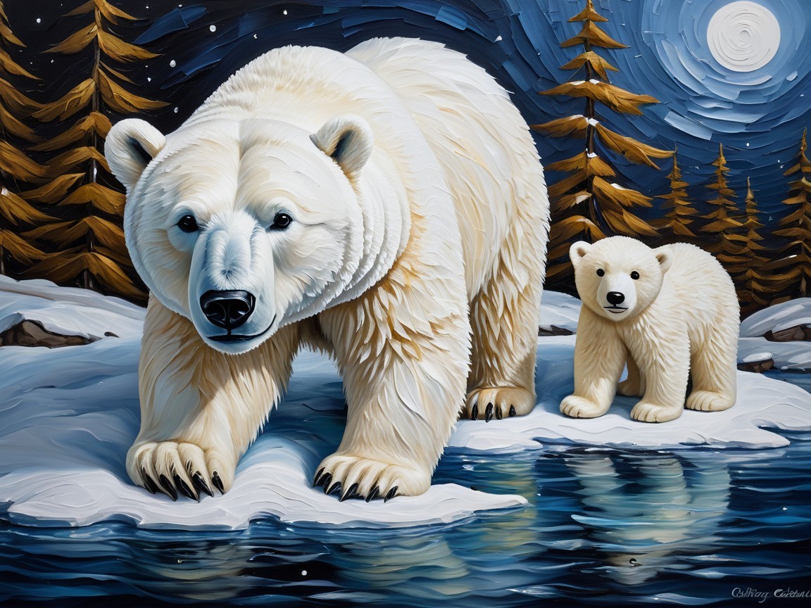 Polar Bear and Cub in Snowy Landscape Artwork