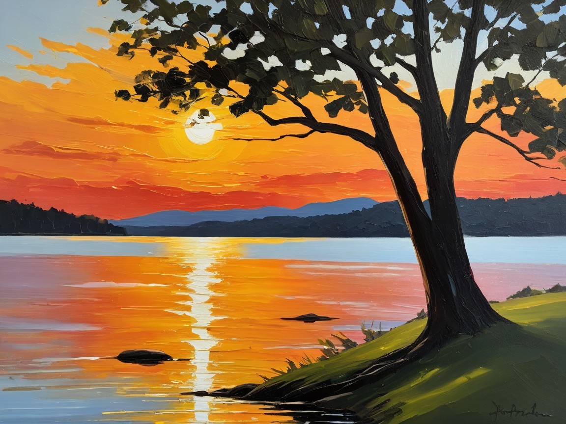 Vibrant sunset over calm water and silhouetted tree
