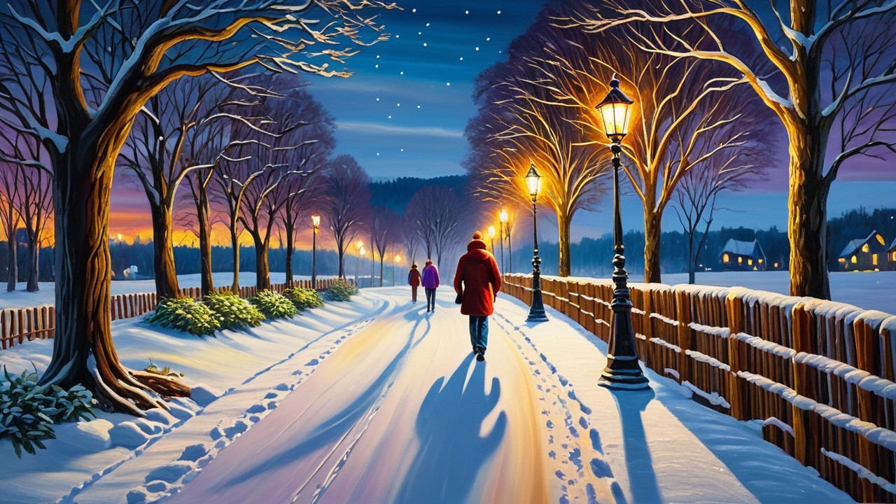 Vibrant snowy night scene with illuminated path and trees
