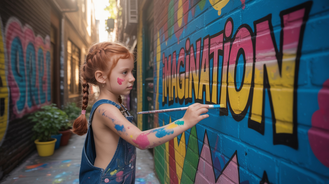 Young Girl Painting "IMAGINATION" in Colorful Alley