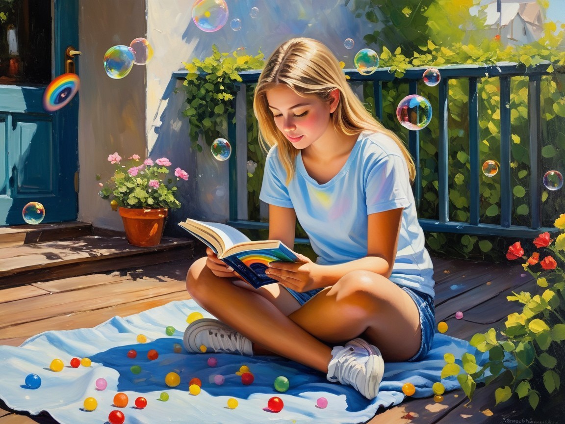 Young Girl Reading on a Sunny Porch with Candies