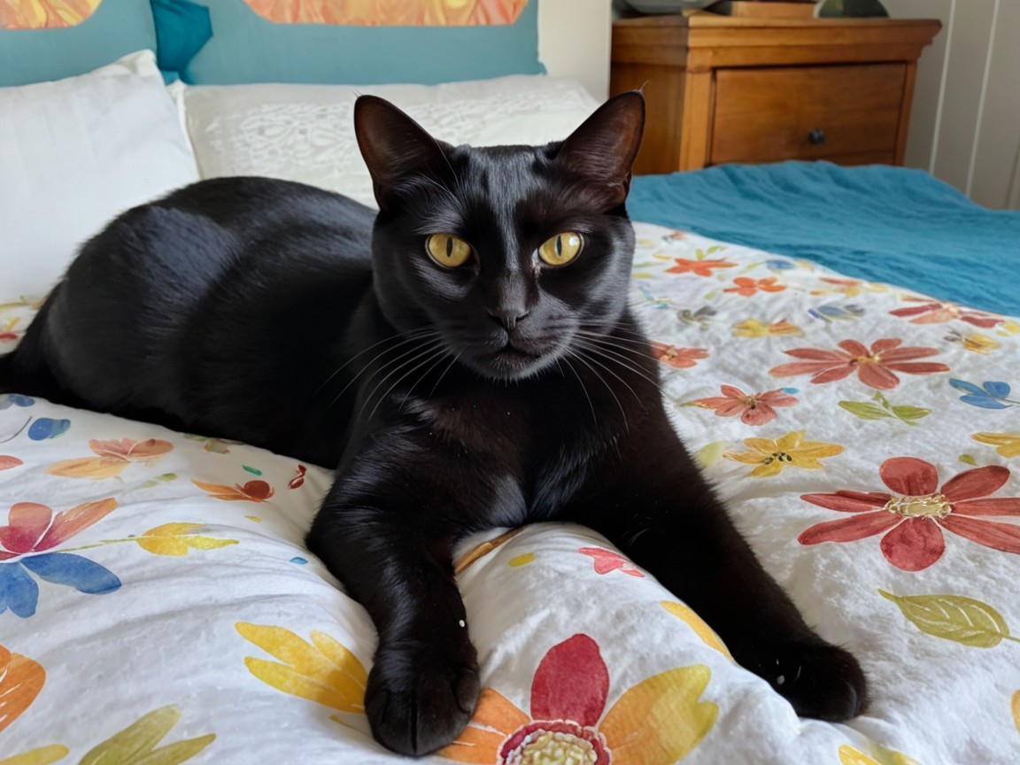Black Cat on Floral Bedspread in Cozy Room