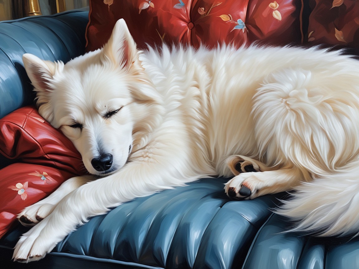 Fluffy White Dog Sleeping on Blue Couch with Cushions