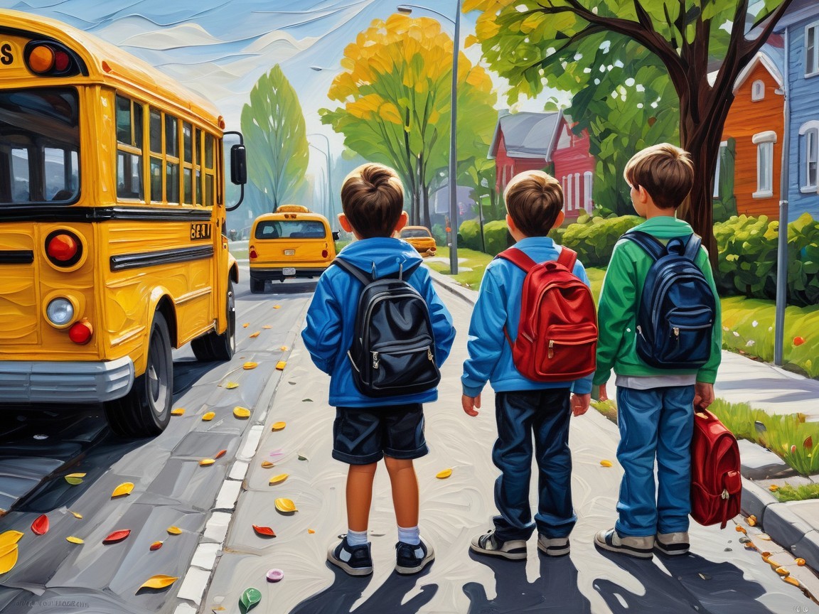 Boys Waiting for School Bus on Autumn Morning