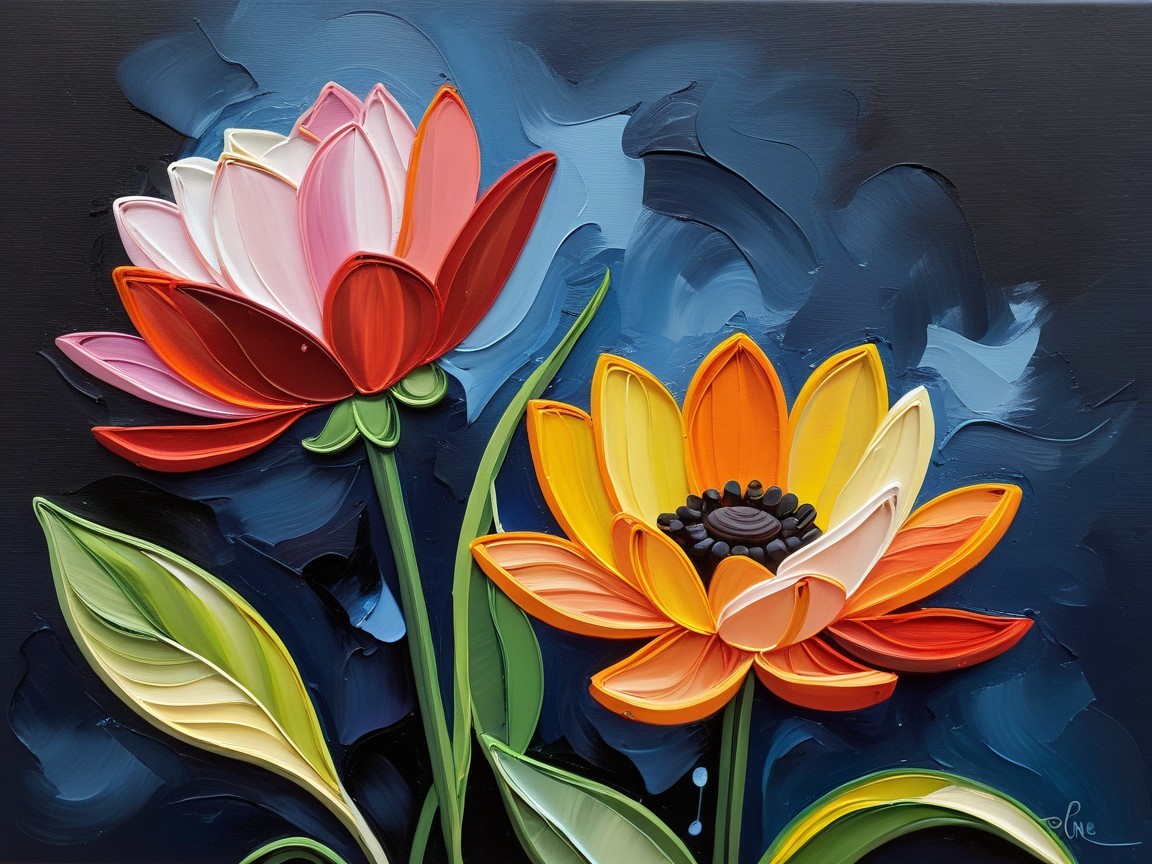 Vibrant Painting of Two Flowers with Dark Background