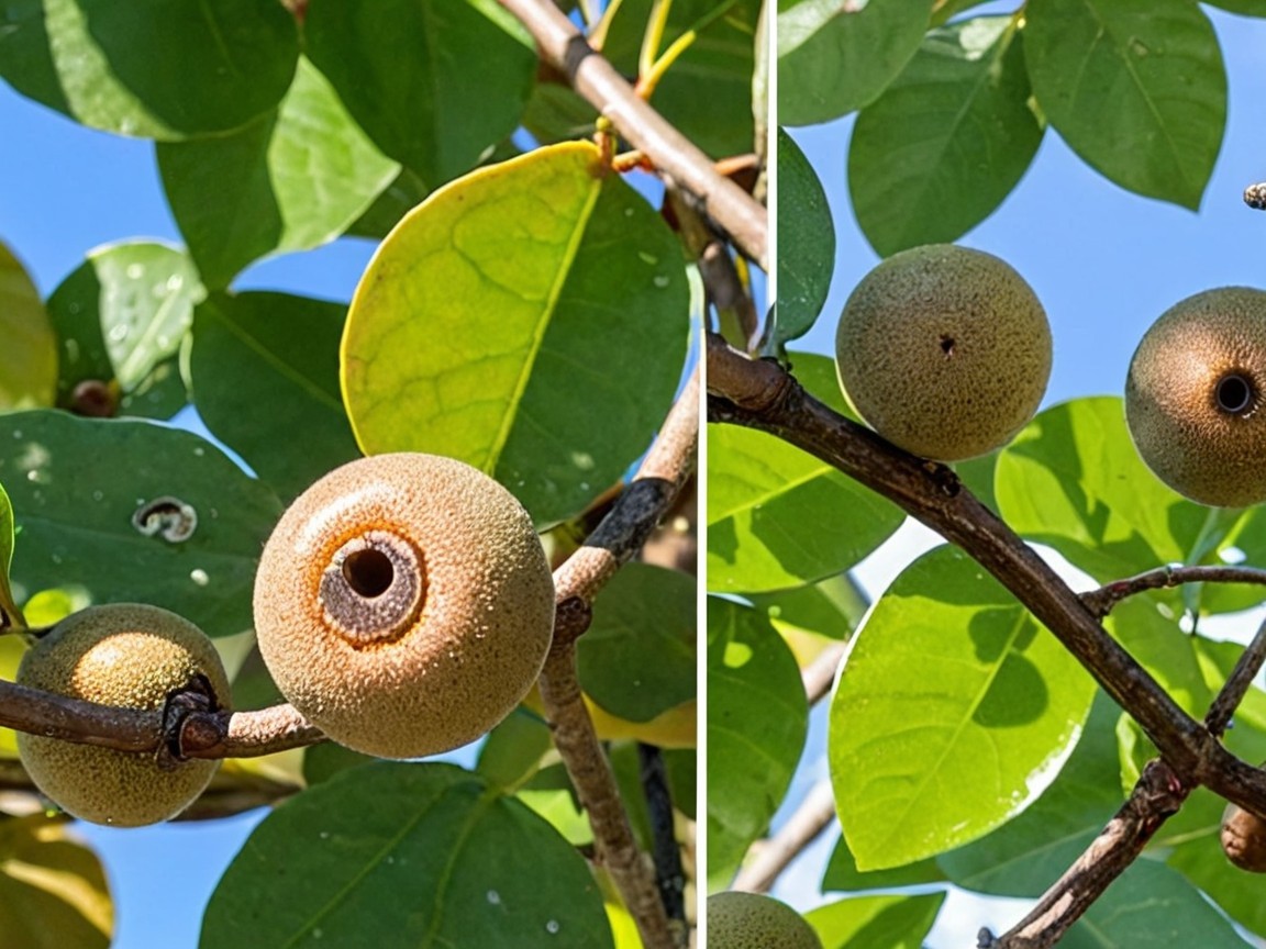 Branch with Round Brown Fruits and Green Leaves