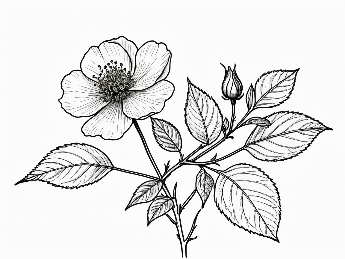 Detailed Black-and-White Line Drawing of a Flower Plant