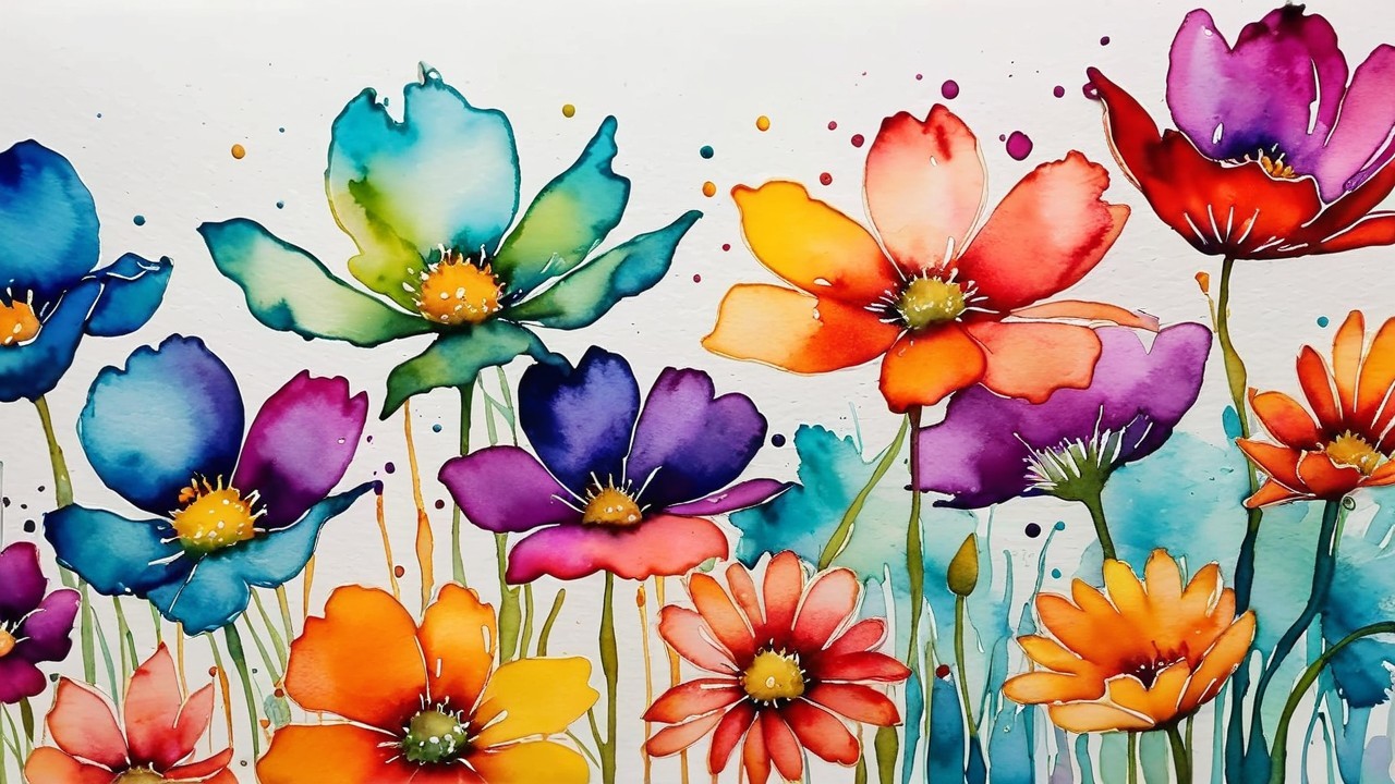Vibrant Watercolor Painting of Colorful Flowers