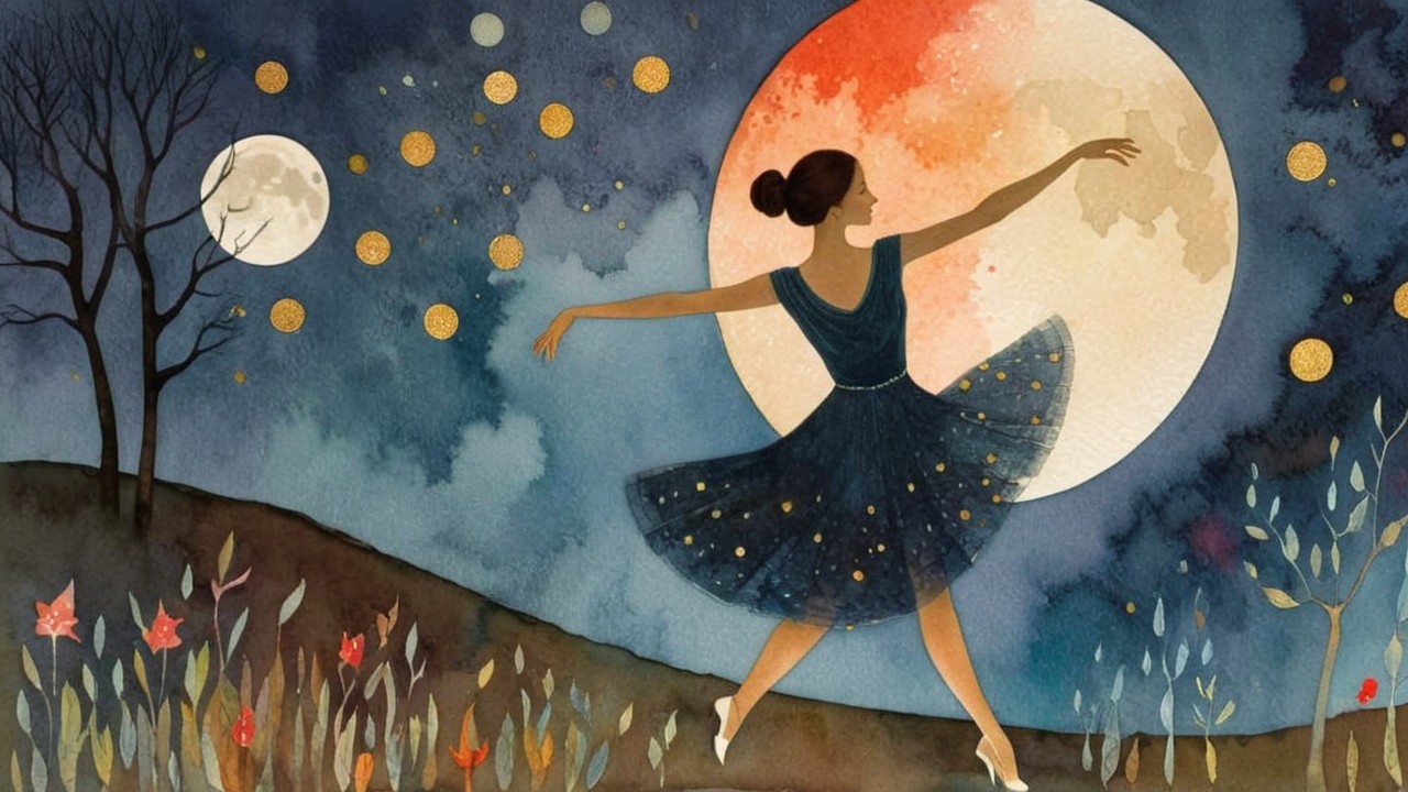 Ballerina Dances Under a Glowing Moon and Stars