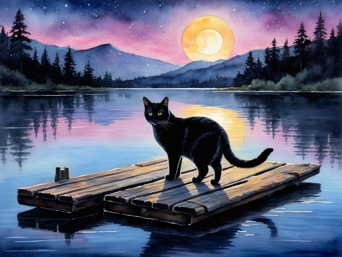 Black Cat on Raft in Serene Night Lake Scene