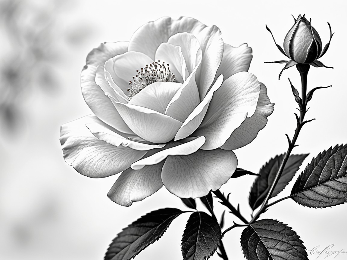 Monochromatic Illustration of Blossoming Rose and Bud