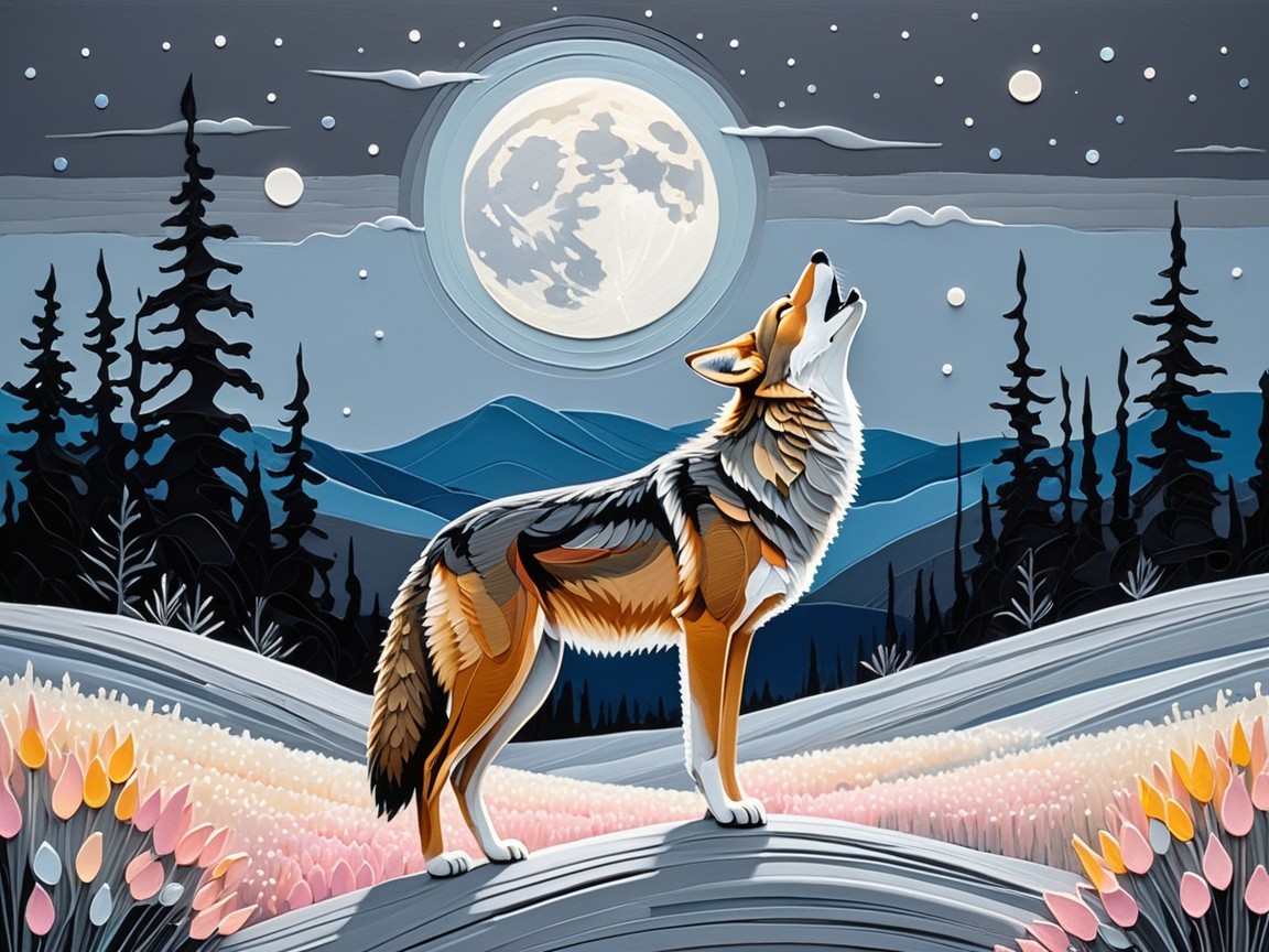 Vibrant Coyote Howling at Full Moon in Night Sky
