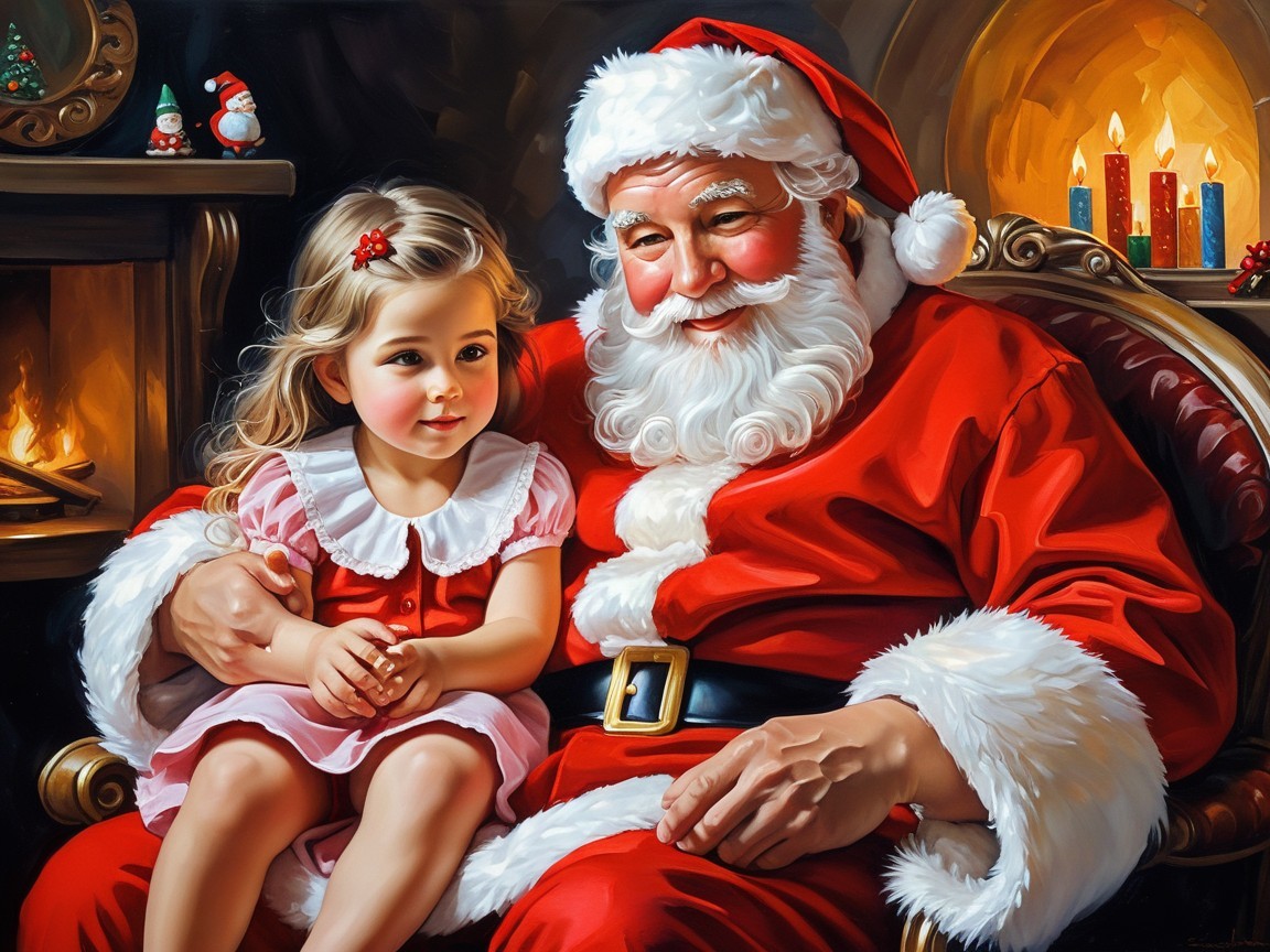 Santa Claus with a young girl by a fireplace setting
