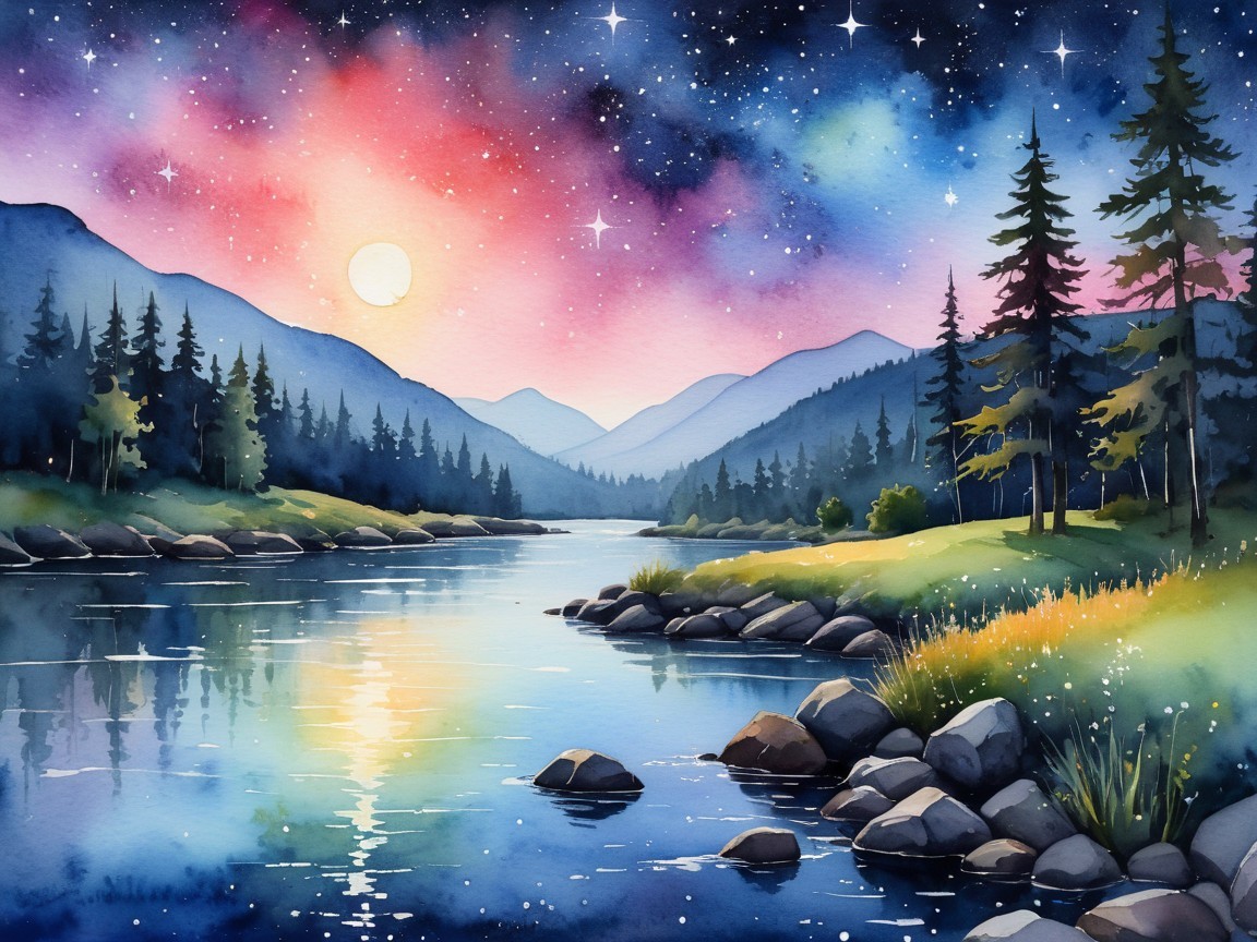 Tranquil River in Lush Valley at Sunset